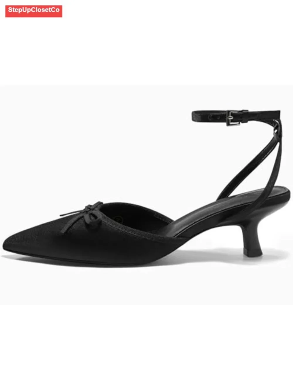 Satin Kitten Low Heels with Bow Closed Pointed Toe Dress Wedding Party Shoes